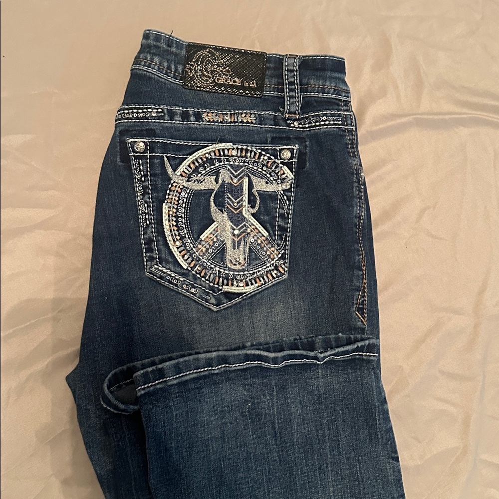 Grace Women's Boot Cut Jeans - Blue with White Accents